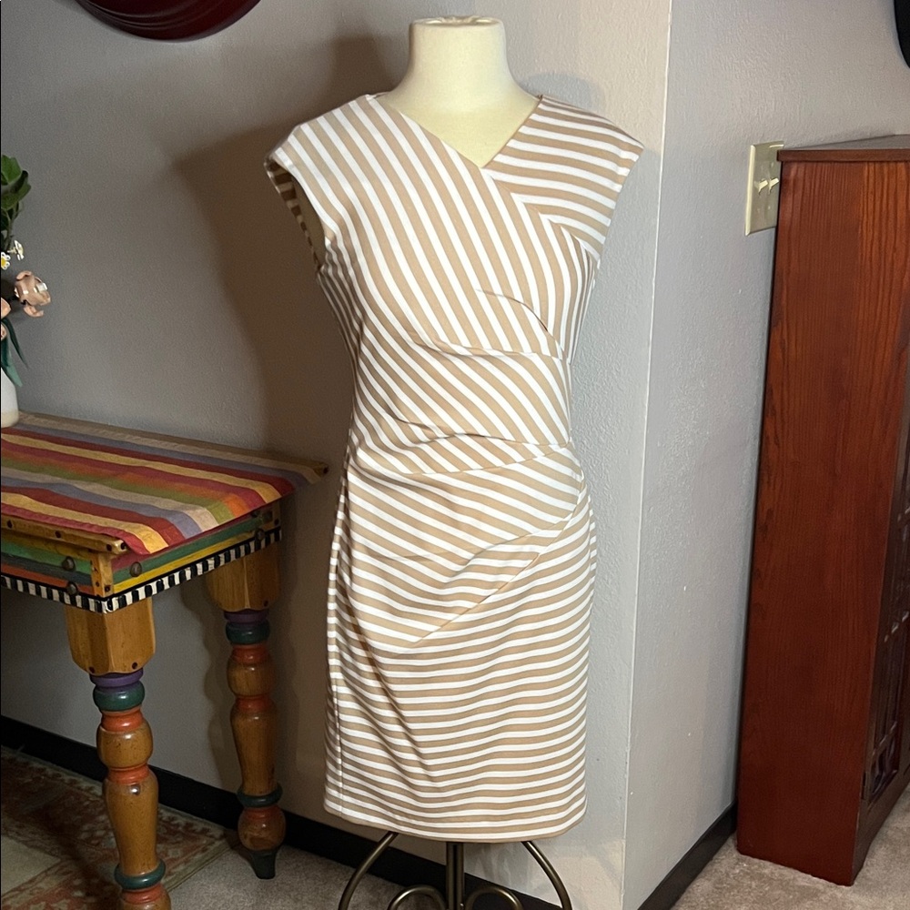 Calvin Klein Asymmetrical Tan and White Dress